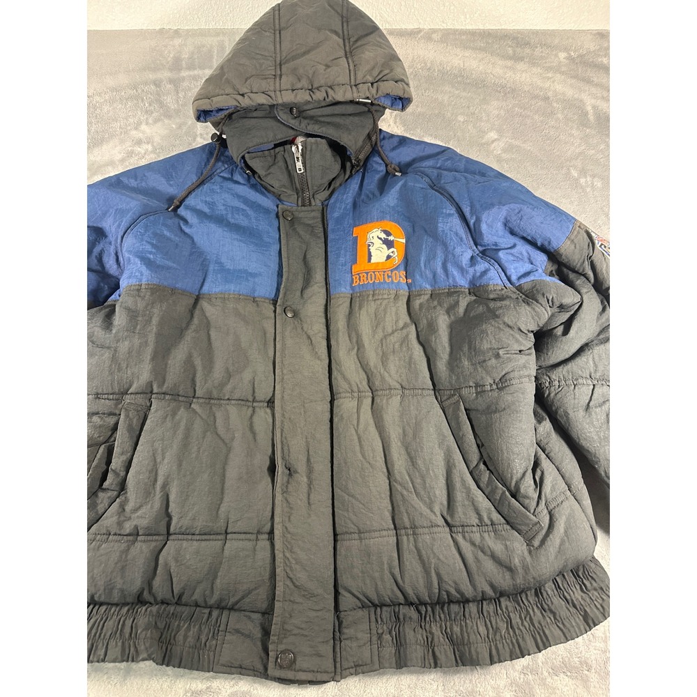 Vintage Pro Player Denver Broncos Puffer Jacket Blue Black Hooded Mens Large NFL - Picture 4 of 16